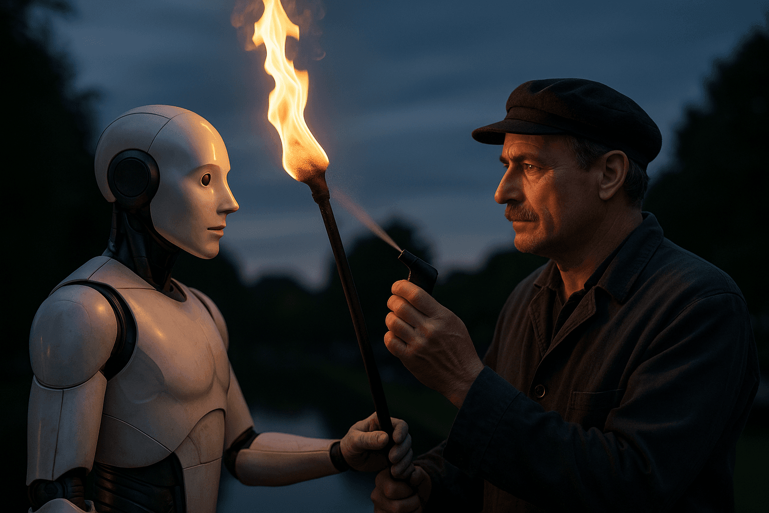 Human and AI collaborating with a torch, symbolizing guidance and partnership in career navigation